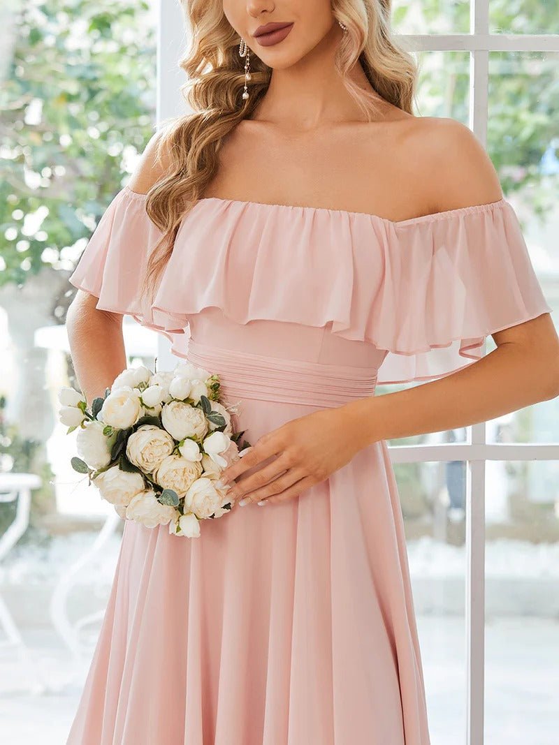 Off Shoulder Asymmetrical Hem Chiffon Bridesmaid Dresses - CALABRO®