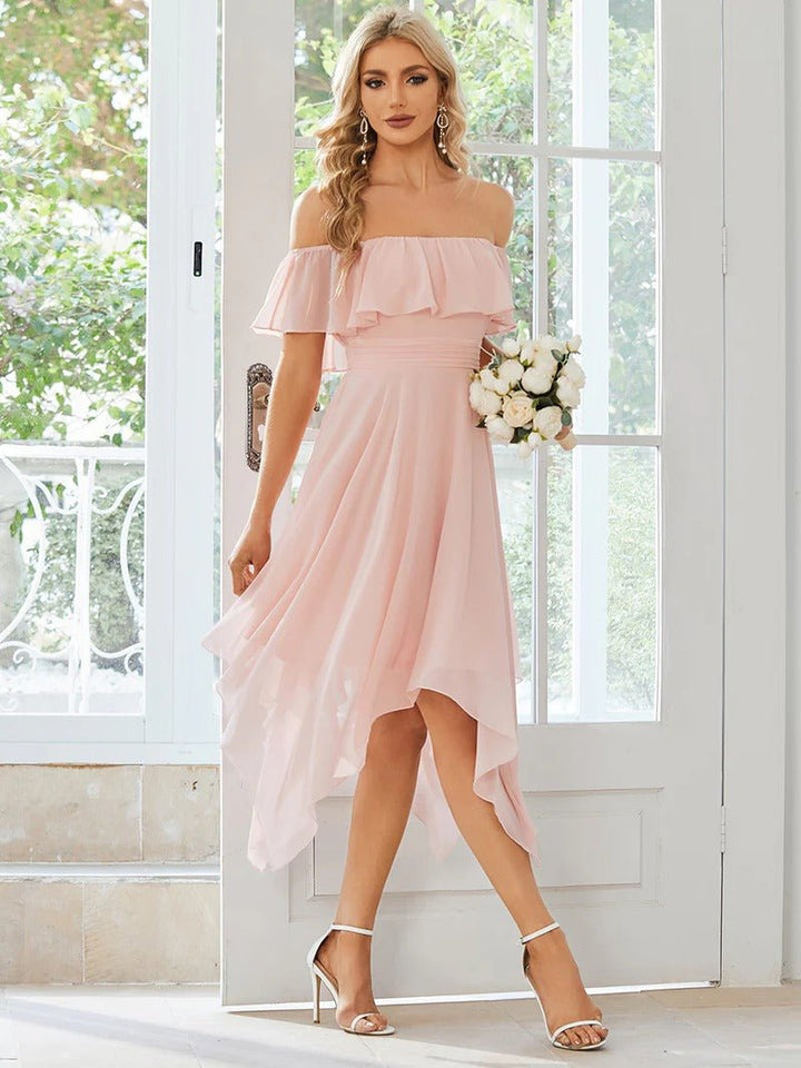 Off Shoulder Asymmetrical Hem Chiffon Bridesmaid Dresses - CALABRO®