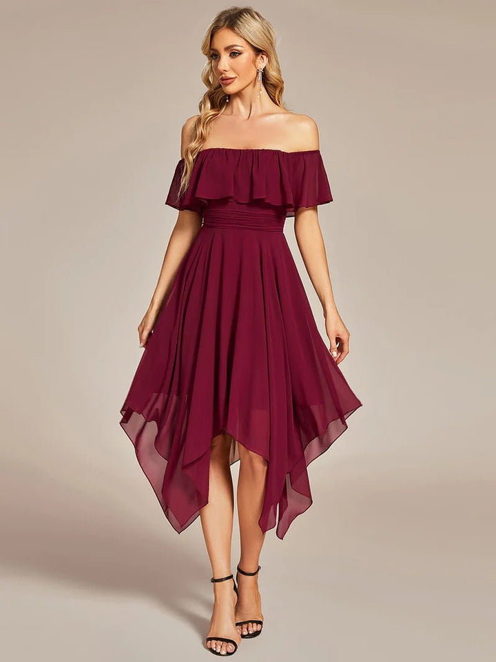 Off Shoulder Asymmetrical Hem Chiffon Bridesmaid Dresses - CALABRO®