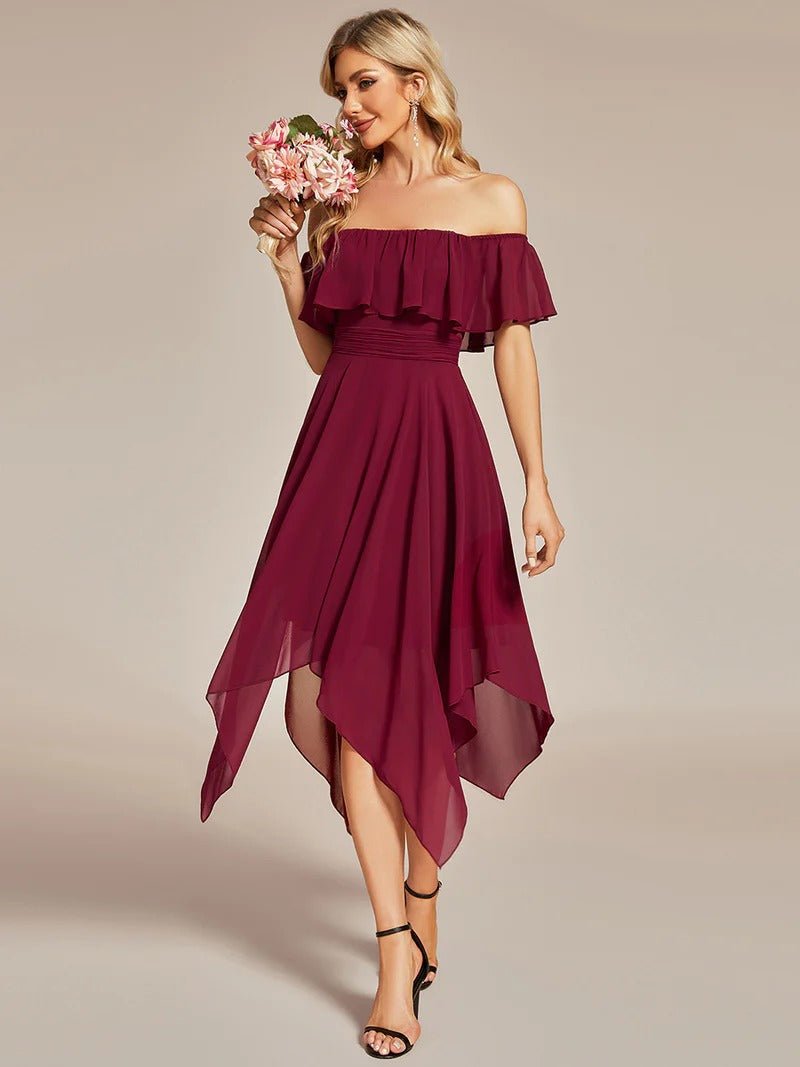 Off Shoulder Asymmetrical Hem Chiffon Bridesmaid Dresses - CALABRO®