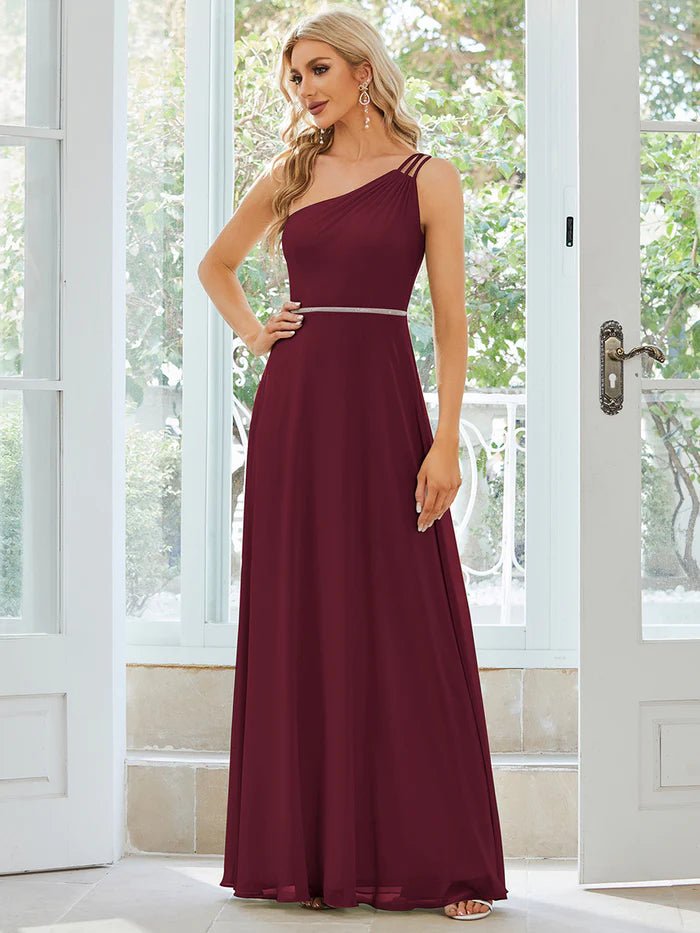 One Shoulder Beaded Chiffon Evening Dress - CALABRO®