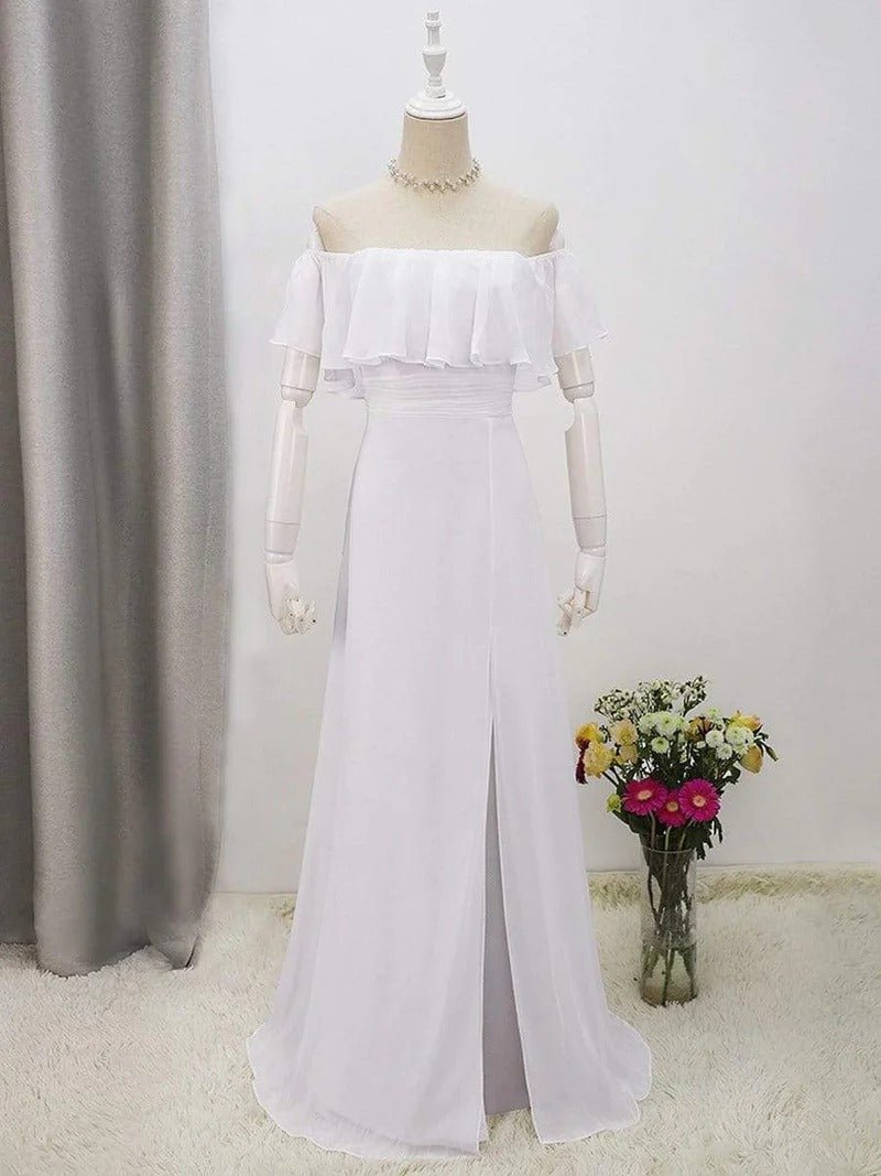 Plain Off Shoulder Chiffon Wedding Dress with Side Split - CALABRO®