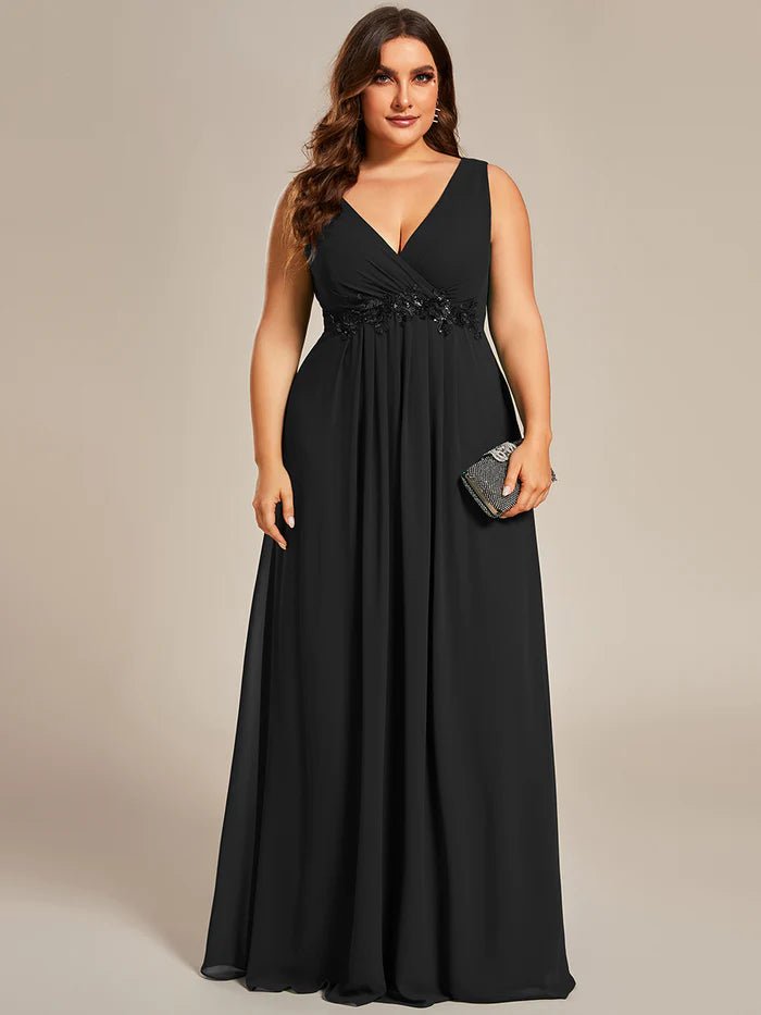 Plus A-Line V Neck Appliques Ruched  Evening Dresses - CALABRO®