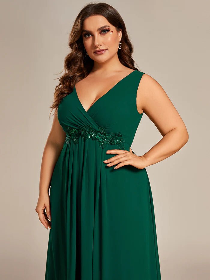 Plus A-Line V Neck Appliques Ruched  Evening Dresses - CALABRO®