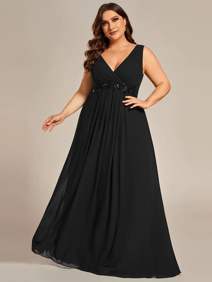 Plus A-Line V Neck Appliques Ruched  Evening Dresses - CALABRO®