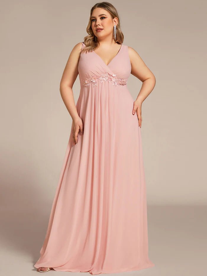 Plus A-Line V Neck Appliques Ruched  Evening Dresses - CALABRO®