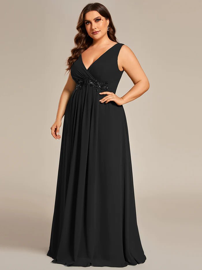 Plus A-Line V Neck Appliques Ruched  Evening Dresses - CALABRO®