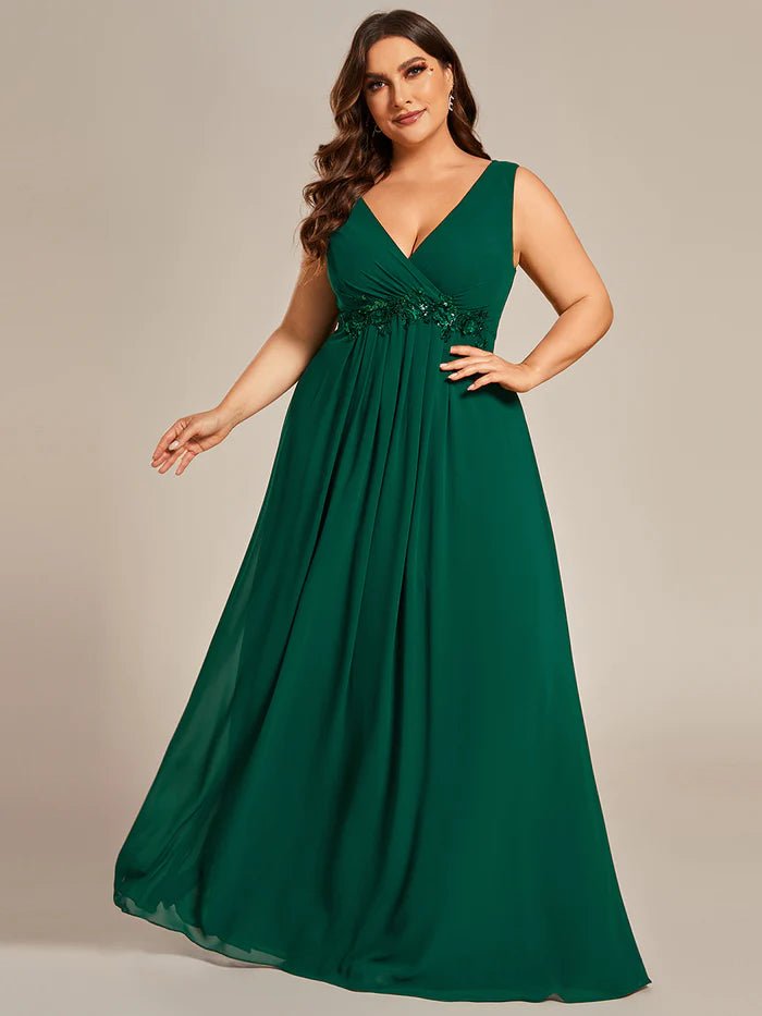 Plus A-Line V Neck Appliques Ruched  Evening Dresses - CALABRO®