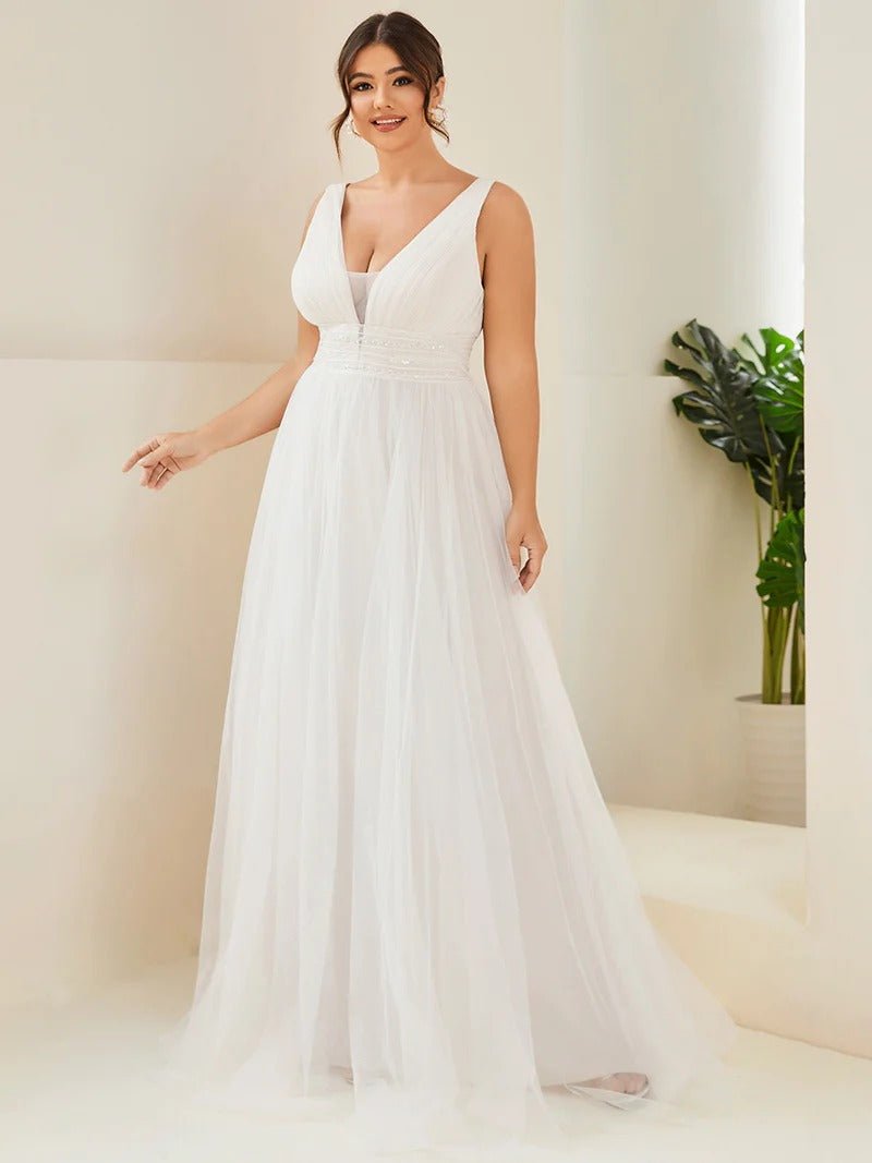 Plus Backless A Line Sleeveless Wedding Dresses with Deep V Neck - CALABRO®