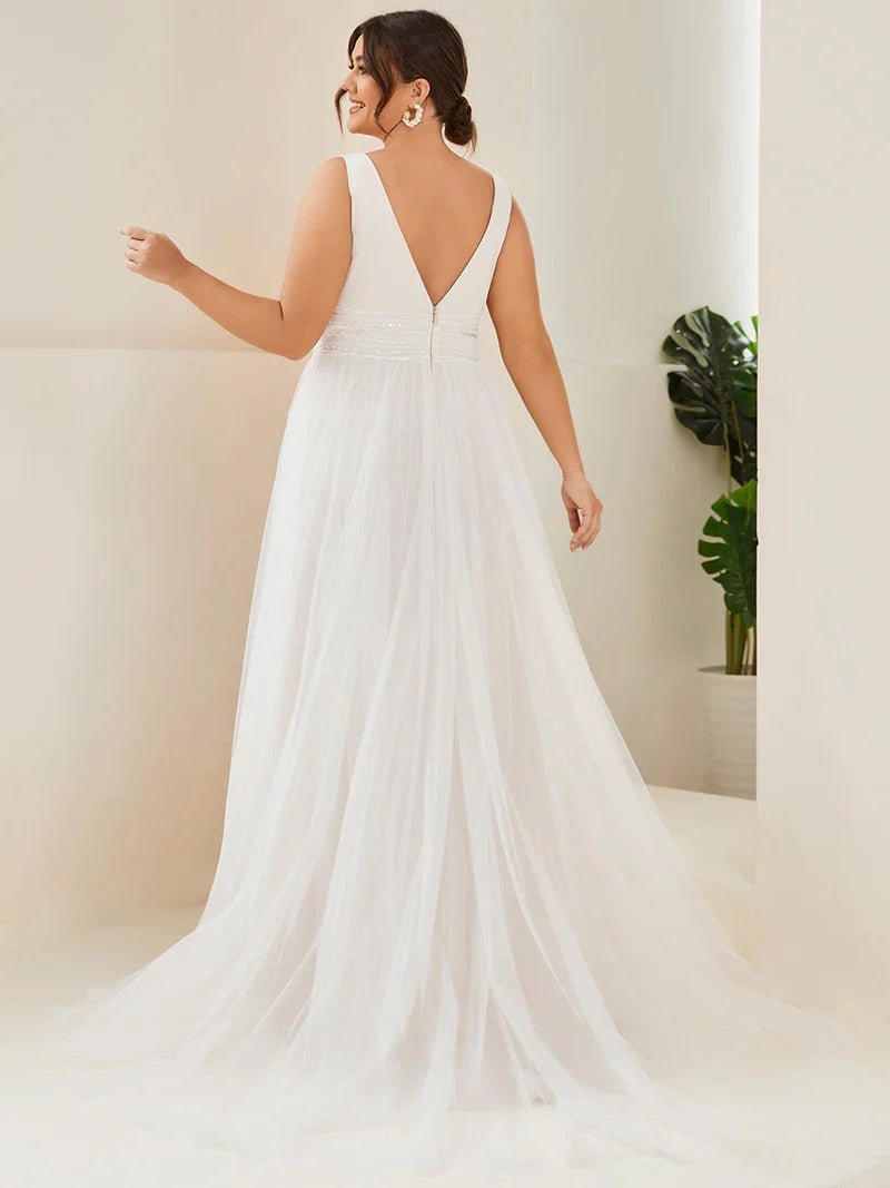 Plus Backless A Line Sleeveless Wedding Dresses with Deep V Neck - CALABRO®