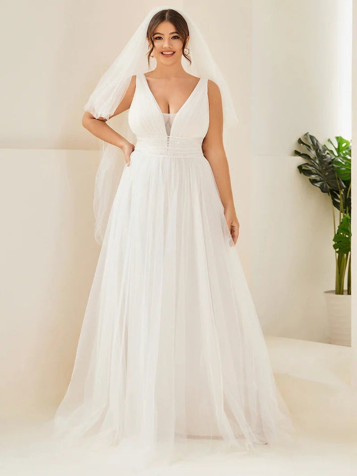 Plus Backless A Line Sleeveless Wedding Dresses with Deep V Neck - CALABRO®