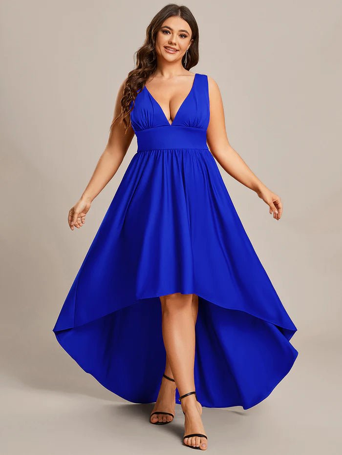 Plus High Low Deep V Neck Sleeveless Plus Size Evening Dress - CALABRO®