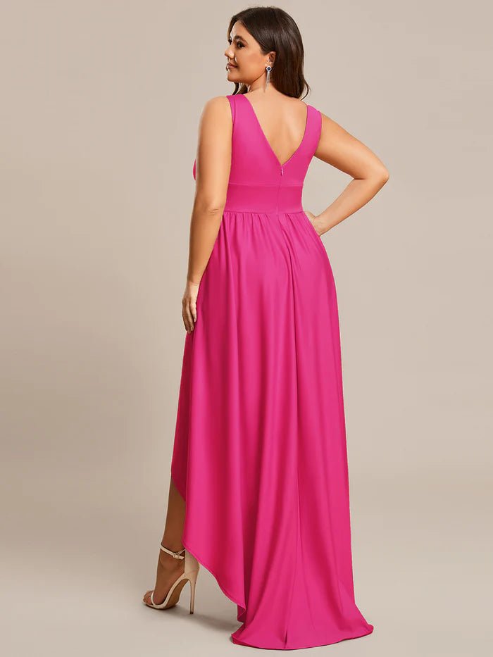 Plus High Low Deep V Neck Sleeveless Plus Size Evening Dress - CALABRO®