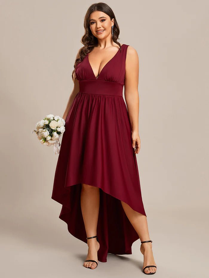 Plus High Low Deep V Neck Sleeveless Plus Size Evening Dress - CALABRO®