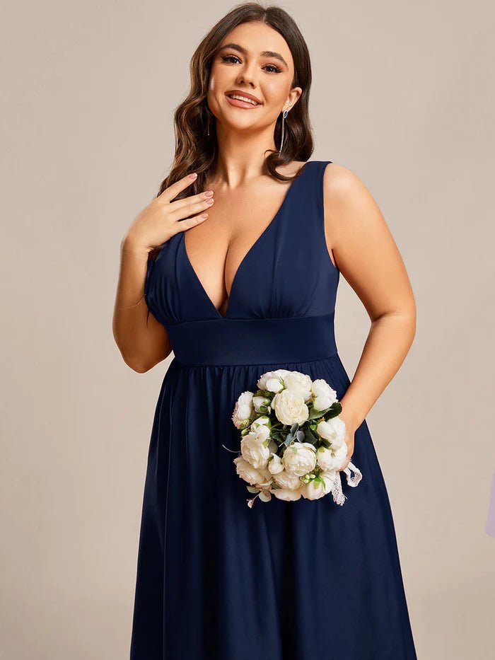 Plus High Low Deep V Neck Sleeveless Plus Size Evening Dress - CALABRO®