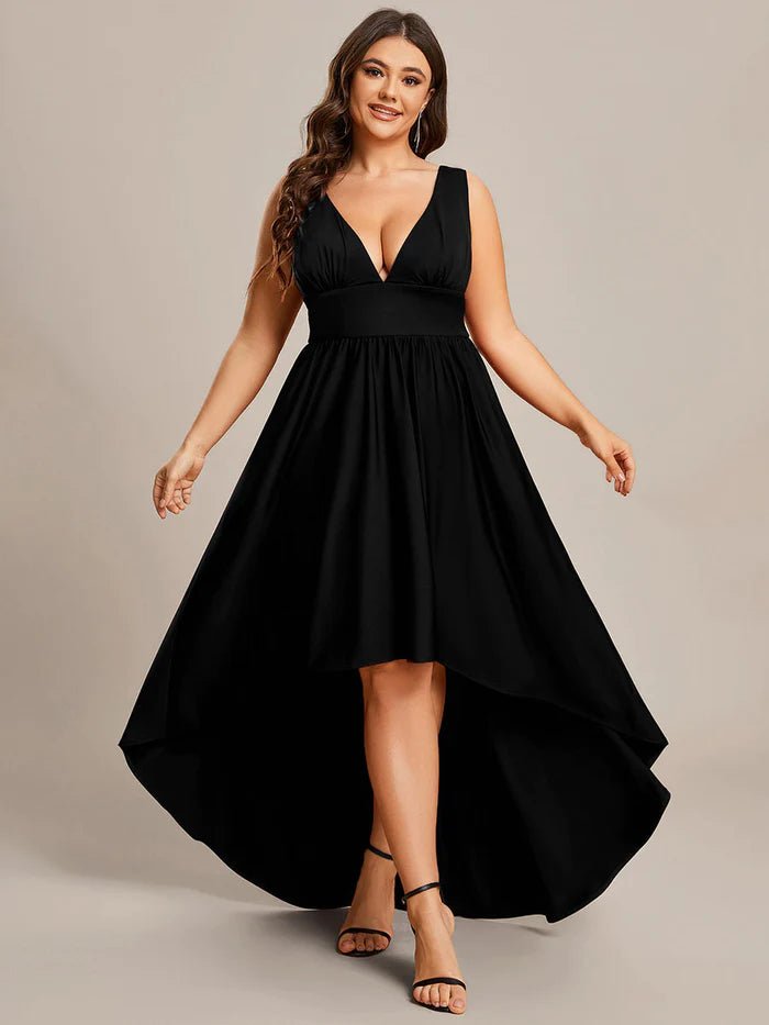 Plus High Low Deep V Neck Sleeveless Plus Size Evening Dress - CALABRO®