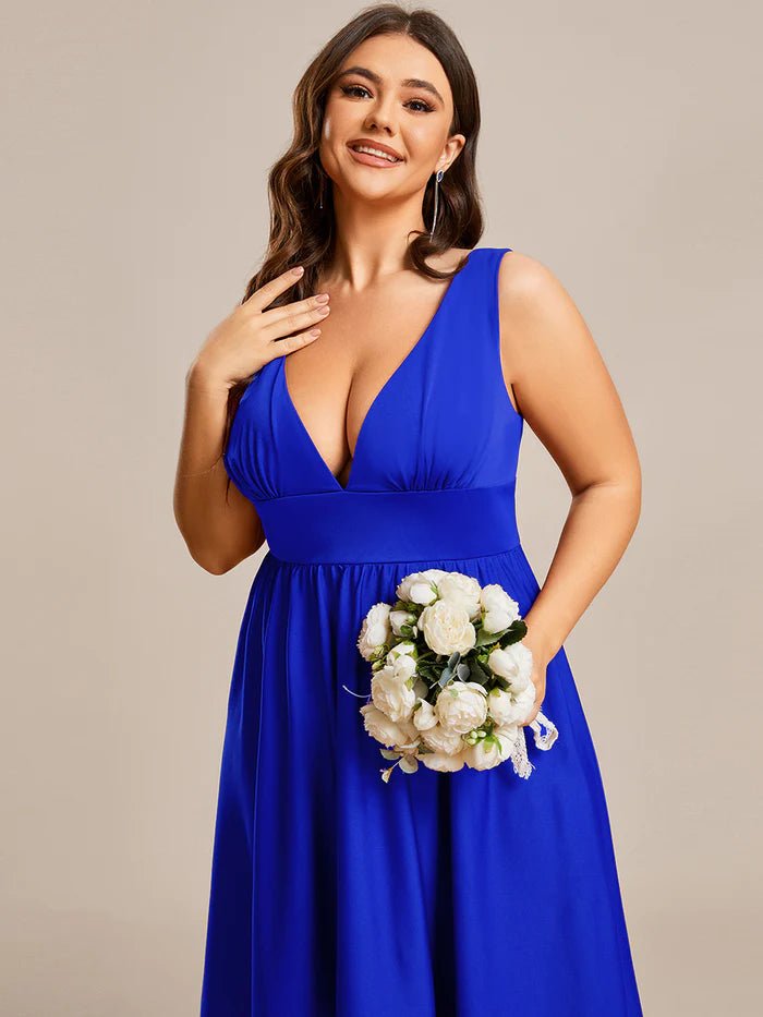 Plus High Low Deep V Neck Sleeveless Plus Size Evening Dress - CALABRO®