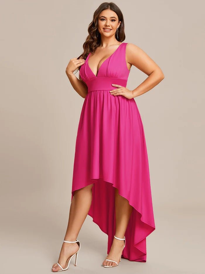 Plus High Low Deep V Neck Sleeveless Plus Size Evening Dress - CALABRO®