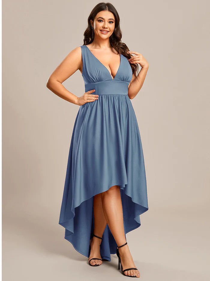 Plus High Low Deep V Neck Sleeveless Plus Size Evening Dress - CALABRO®