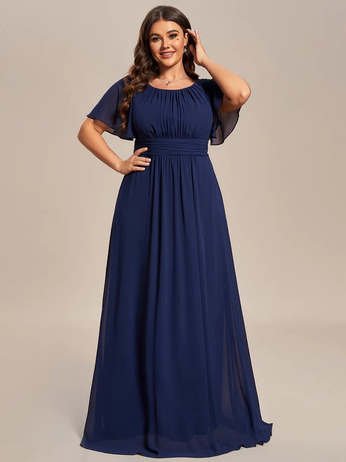 Plus Round Neck Pleated Evening Dress - CALABRO®