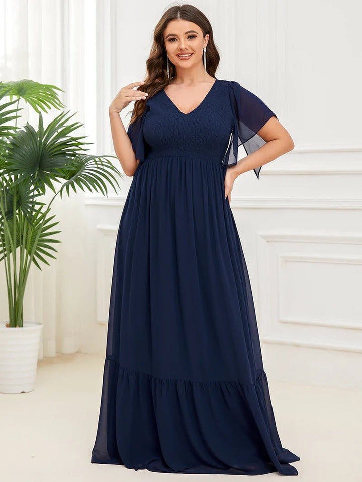 Plus Simple V Neck Short Ruffles Sleeves A Line Evening Dresses - CALABRO®