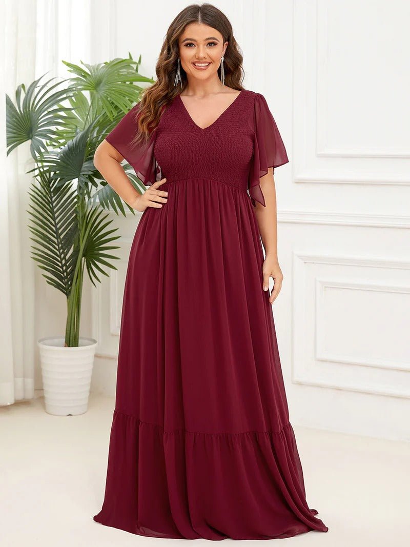 Plus Simple V Neck Short Ruffles Sleeves A Line Evening Dresses - CALABRO®