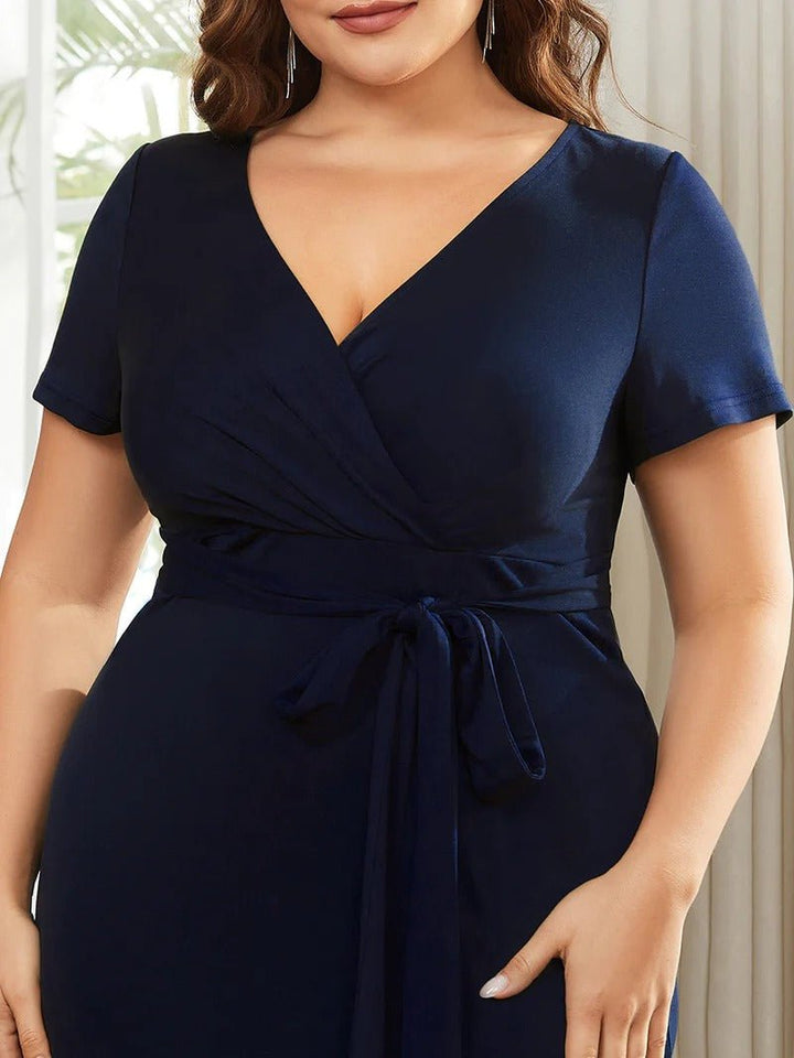 Plus Size Deep V Neck Short Sleeve Cocktail Dresses With Belt - CALABRO®