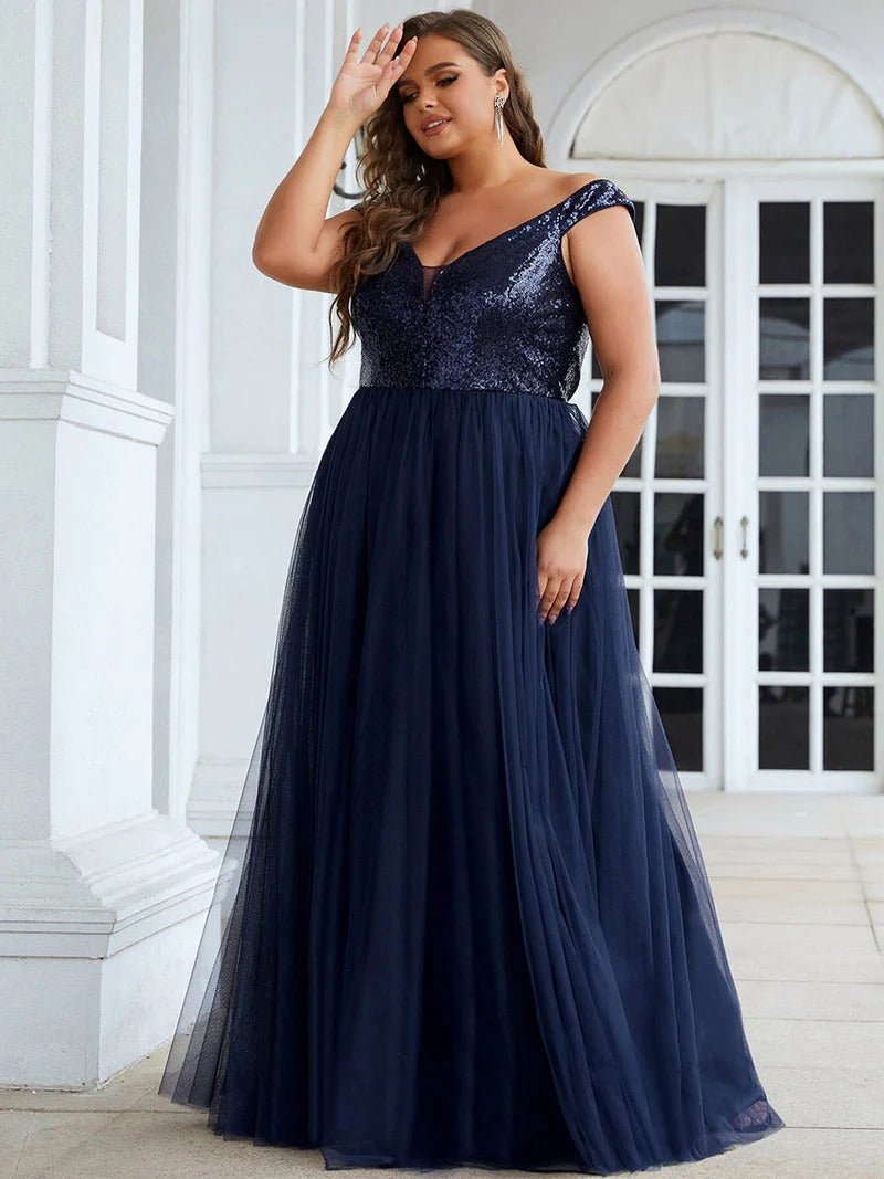 Plus Size High Waist Tulle & Sequin Sleeveless Evening Dress EE00277 - CALABRO®