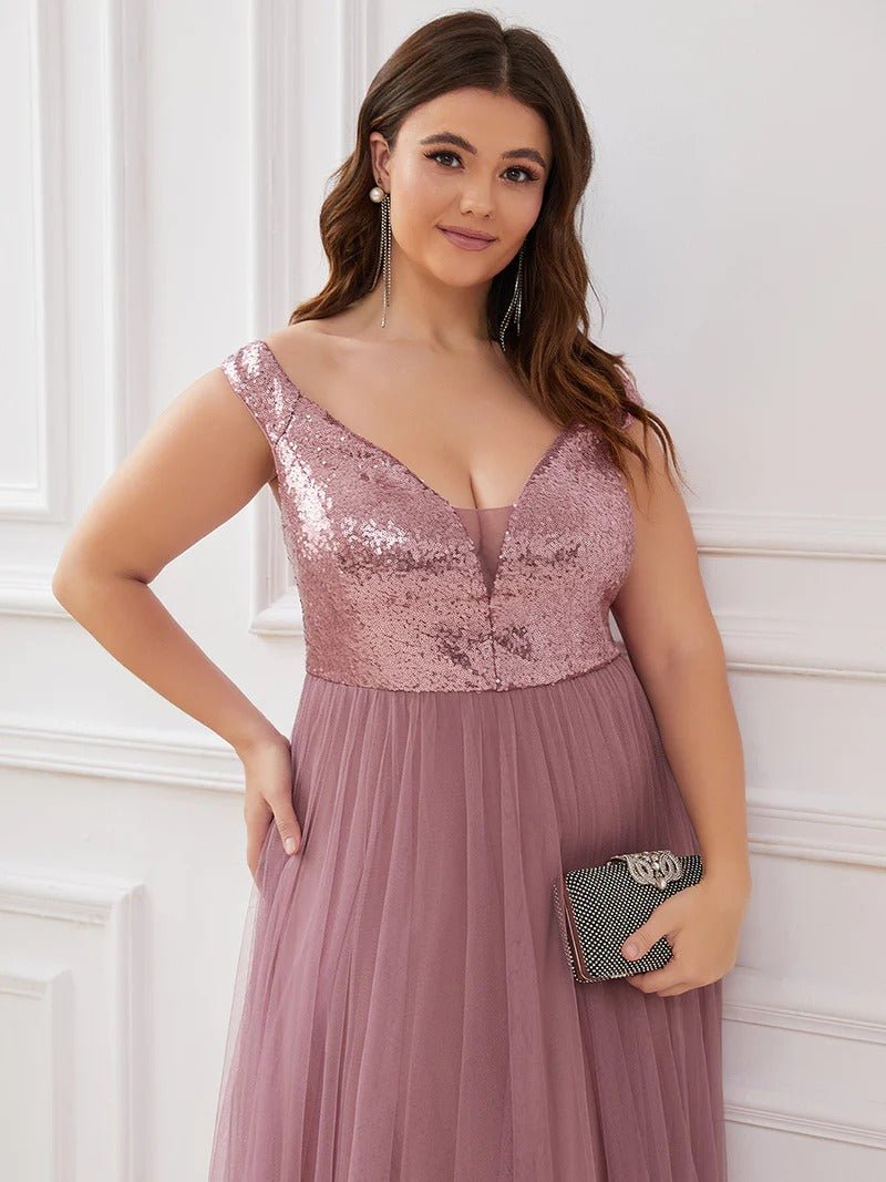 Plus Size High Waist Tulle & Sequin Sleeveless Evening Dress EE00277 - CALABRO®