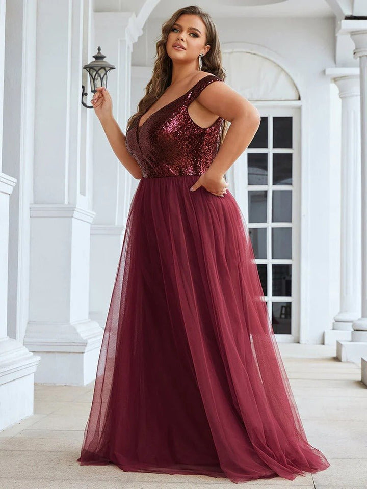 Plus Size High Waist Tulle & Sequin Sleeveless Evening Dress EE00277 - CALABRO®