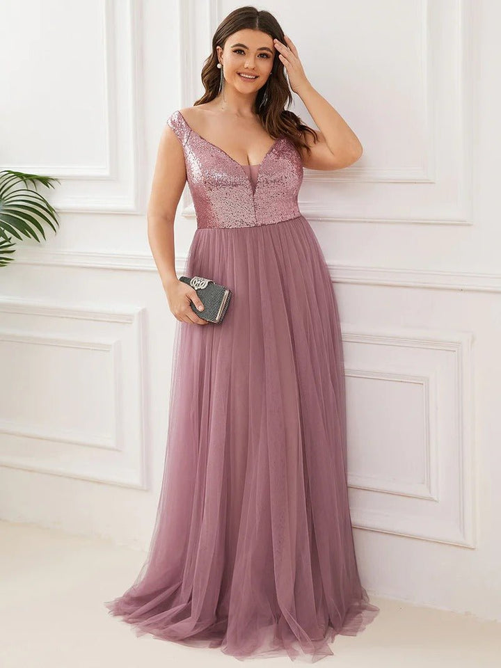 Plus Size High Waist Tulle & Sequin Sleeveless Evening Dress EE00277 - CALABRO®