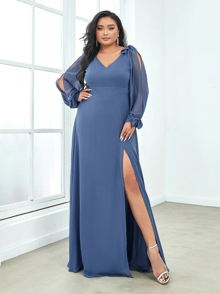 Plus Size Long Lantern Sleeves A Line V Neck Bridesmaid Dresses - CALABRO®