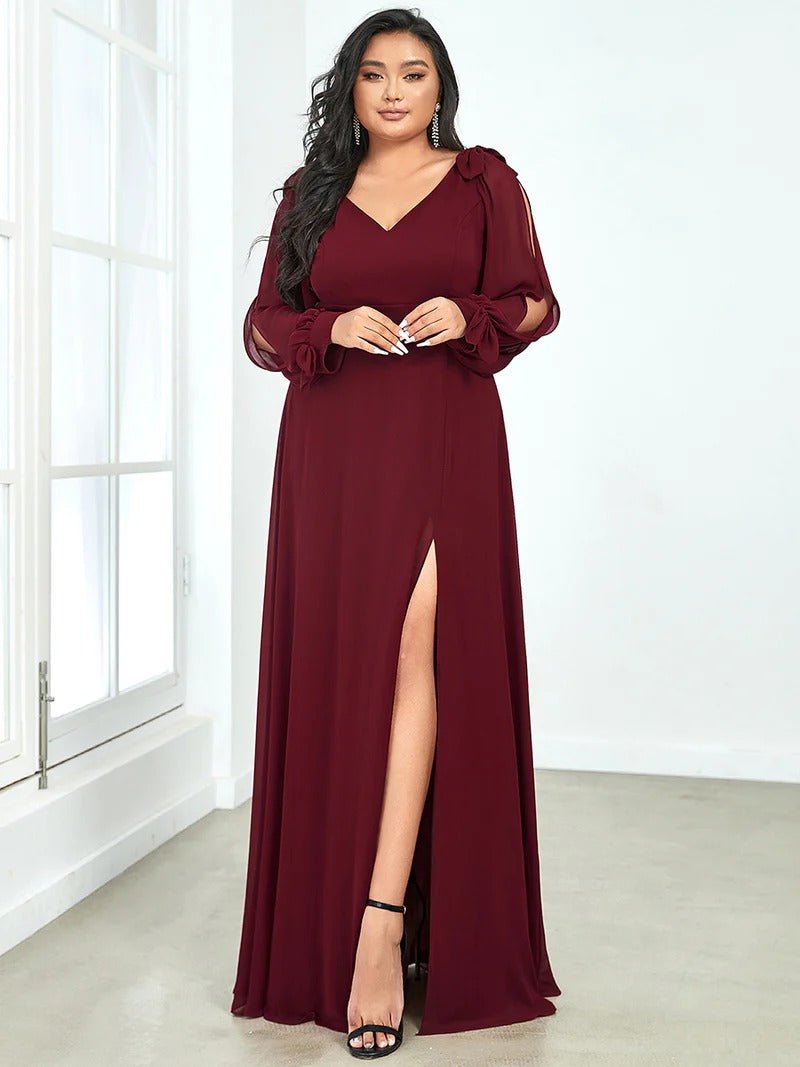 Plus Size Long Lantern Sleeves A Line V Neck Bridesmaid Dresses - CALABRO®