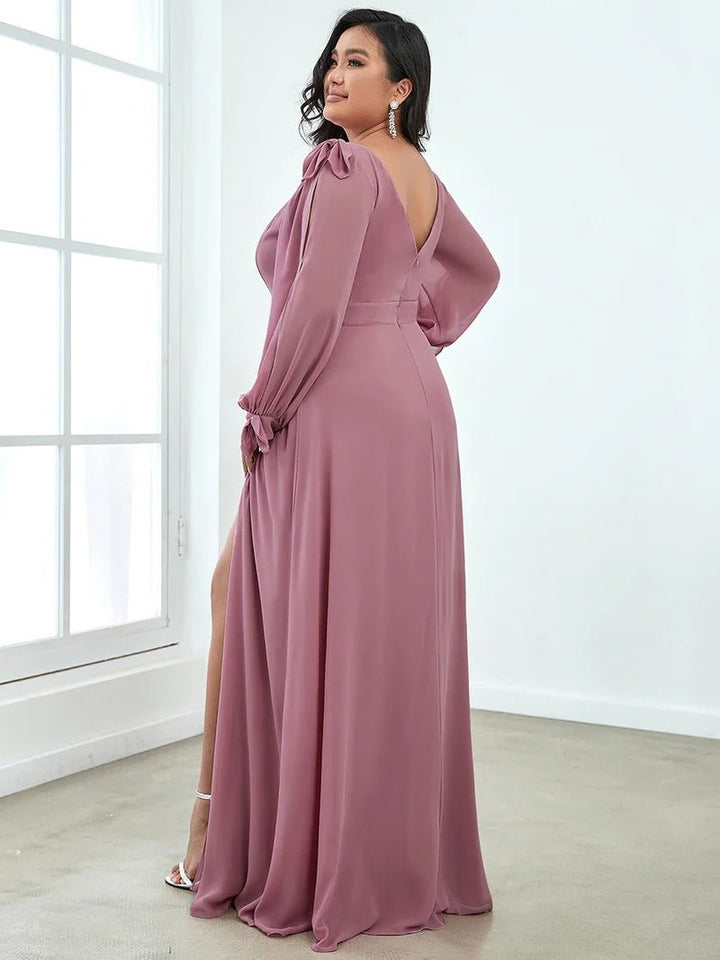 Plus Size Long Lantern Sleeves A Line V Neck Bridesmaid Dresses - CALABRO®