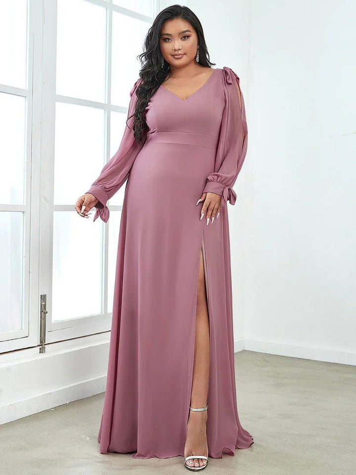 Plus Size Long Lantern Sleeves A Line V Neck Bridesmaid Dresses - CALABRO®