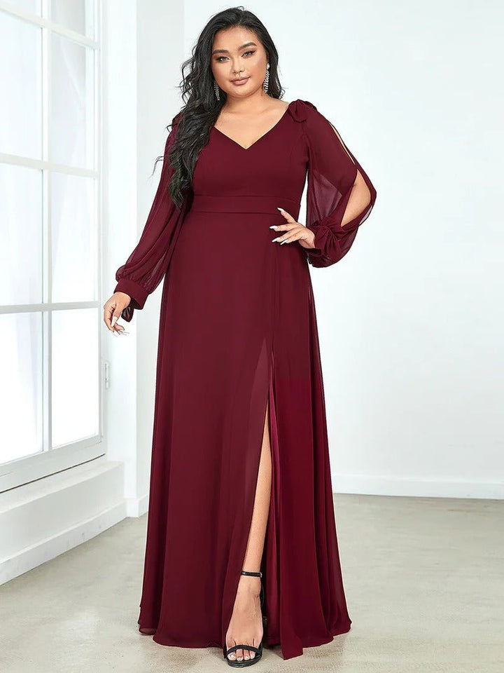 Plus Size Long Lantern Sleeves A Line V Neck Bridesmaid Dresses - CALABRO®