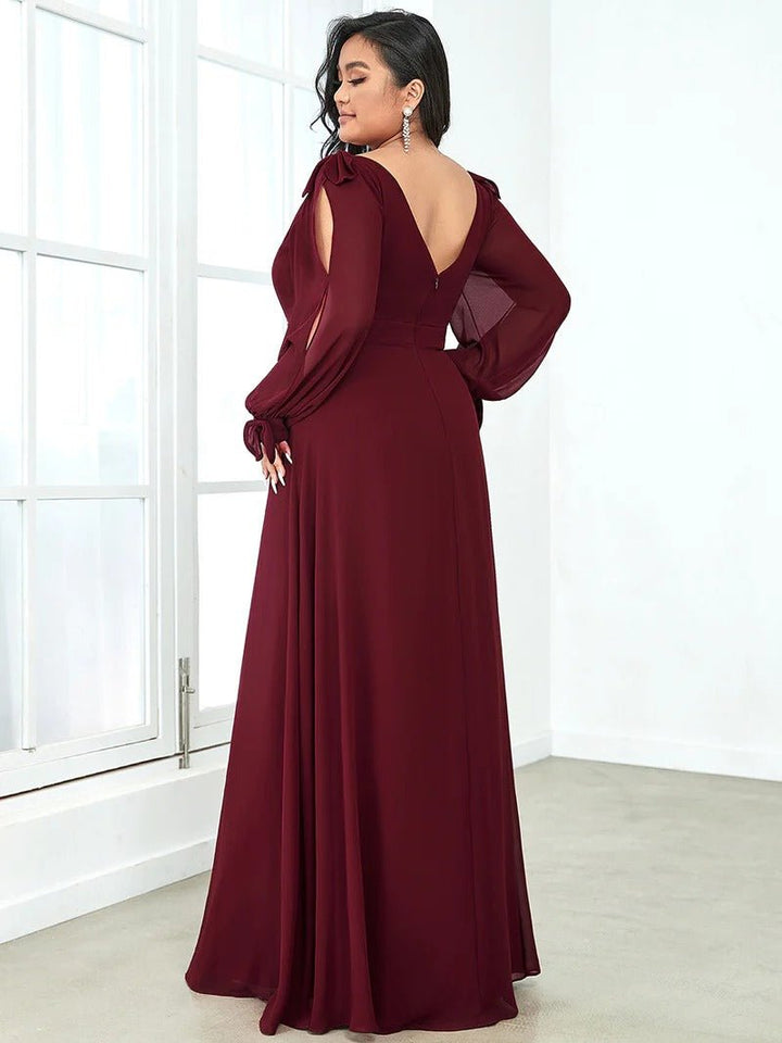 Plus Size Long Lantern Sleeves A Line V Neck Bridesmaid Dresses - CALABRO®