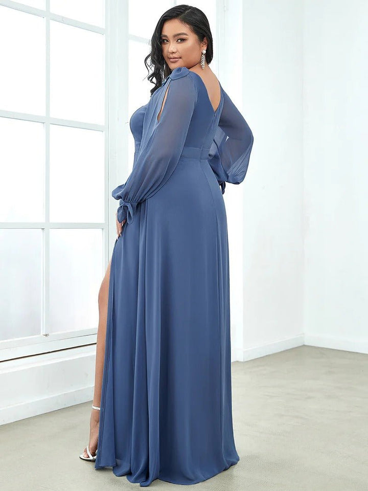 Plus Size Long Lantern Sleeves A Line V Neck Bridesmaid Dresses - CALABRO®