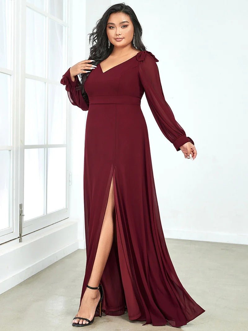 Plus Size Long Lantern Sleeves A Line V Neck Bridesmaid Dresses - CALABRO®