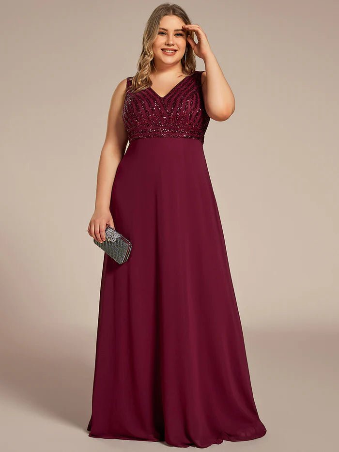 Plus-Sleeveless VNeck Sequin & Chiffon Evening Dresses - CALABRO®