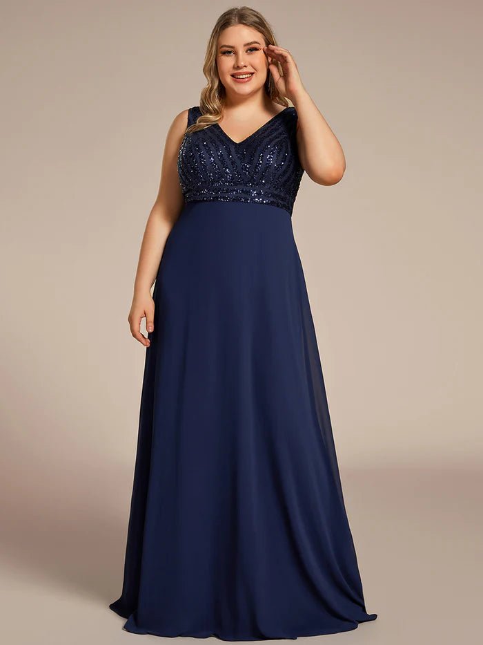 Plus-Sleeveless VNeck Sequin & Chiffon Evening Dresses - CALABRO®