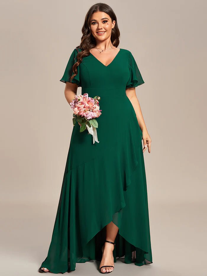 Plus V Neck High Low Ruffles Chiffon Bridesmaid Dresses - CALABRO®