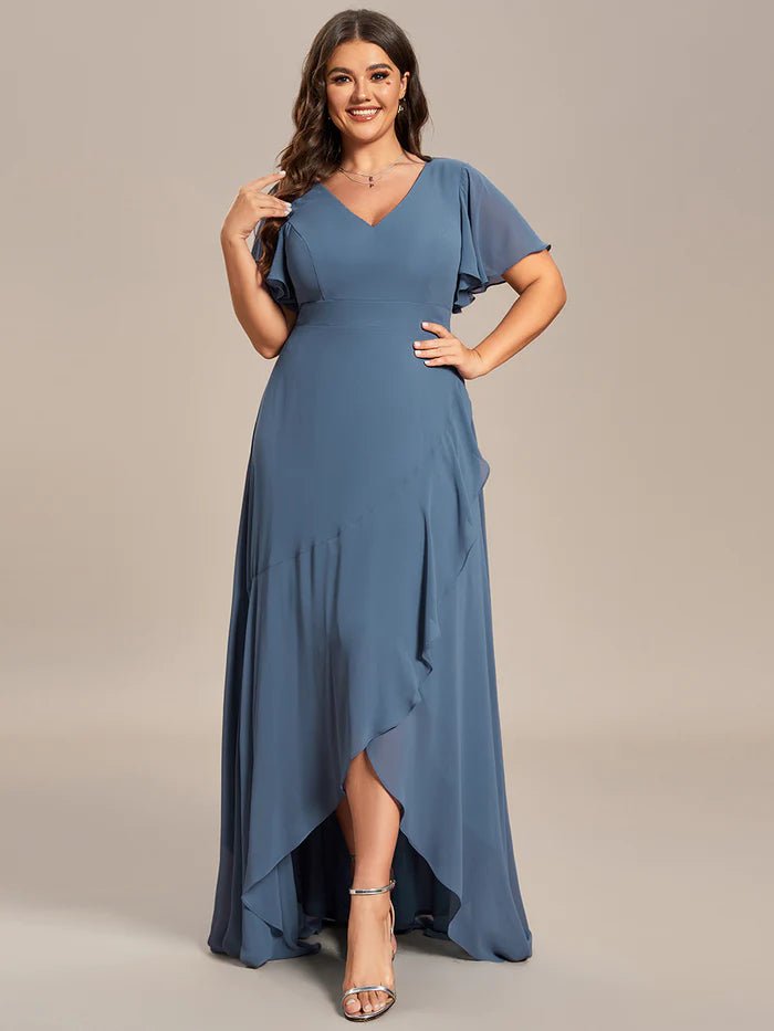 Plus V Neck High Low Ruffles Chiffon Bridesmaid Dresses - CALABRO®