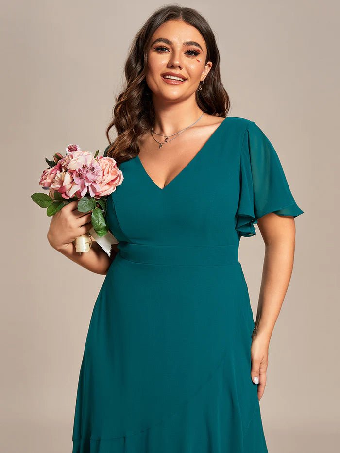 Plus V Neck High Low Ruffles Chiffon Bridesmaid Dresses - CALABRO®