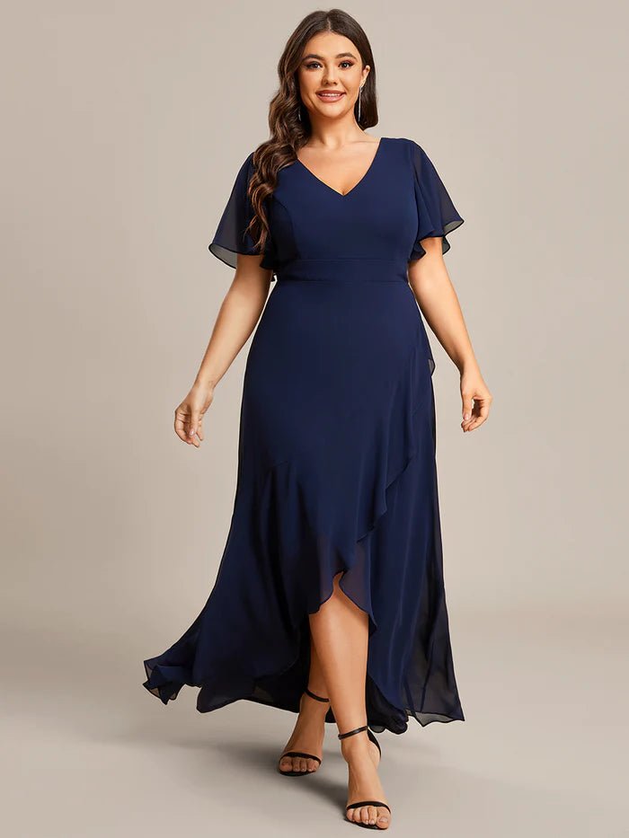 Plus V Neck High Low Ruffles Chiffon Bridesmaid Dresses - CALABRO®