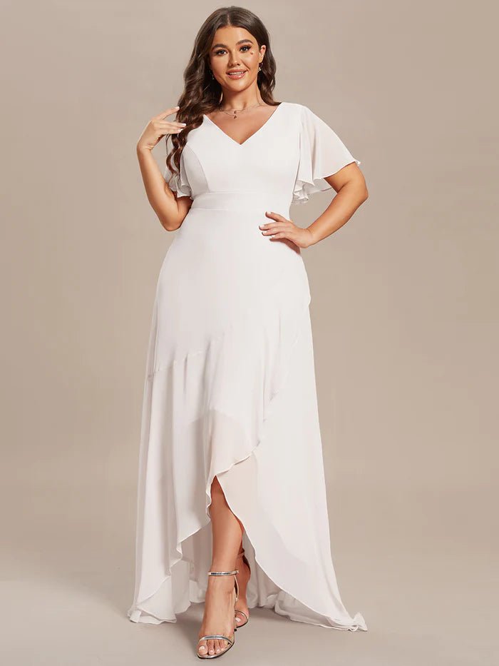 Plus V Neck High Low Ruffles Chiffon Bridesmaid Dresses - CALABRO®