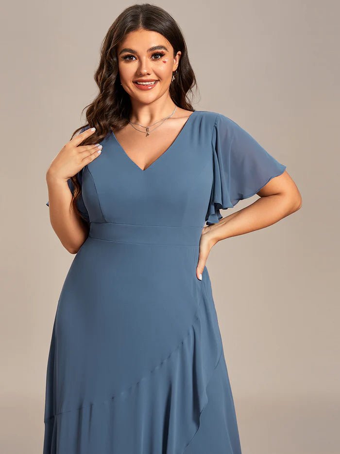 Plus V Neck High Low Ruffles Chiffon Bridesmaid Dresses - CALABRO®