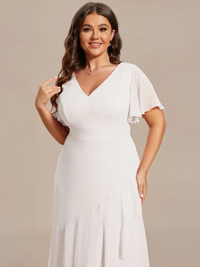 Plus V Neck High Low Ruffles Chiffon Bridesmaid Dresses - CALABRO®