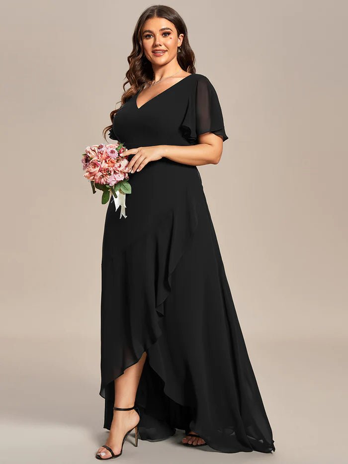 Plus V Neck High Low Ruffles Chiffon Bridesmaid Dresses - CALABRO®