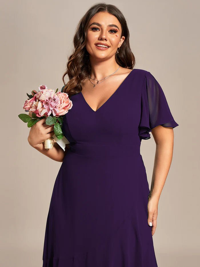 Plus V Neck High Low Ruffles Chiffon Bridesmaid Dresses - CALABRO®